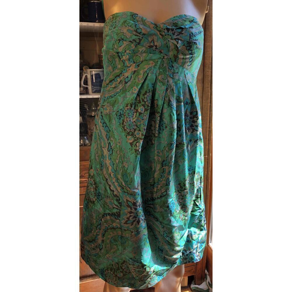 J Crew Turquoise Floral Silk Strapless Gathered Front Sweetheart Dress Size 4